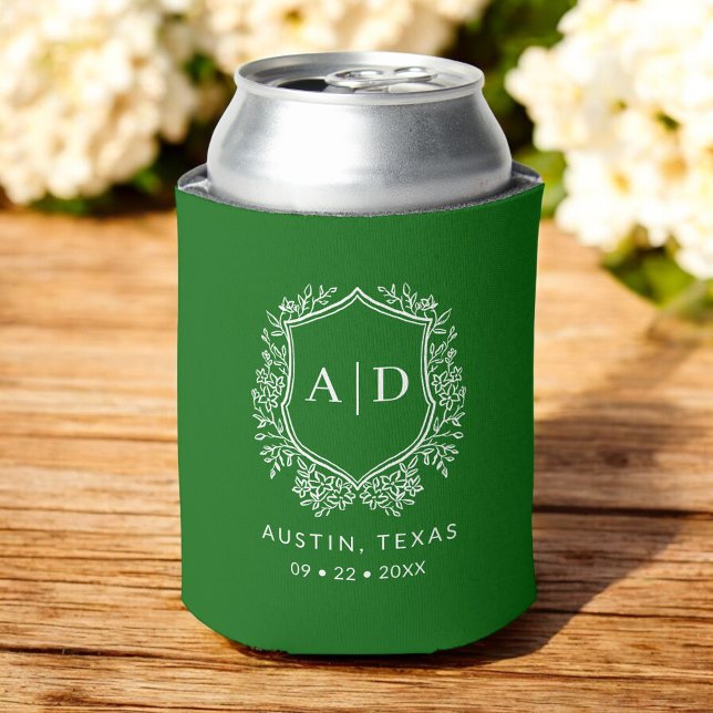 Modern Monogram Wedding Emerald Green Crest Can Cooler (Creator Uploaded)