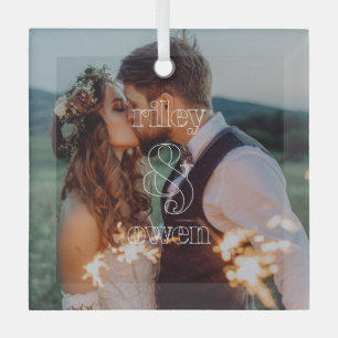 Modern Monogram Wedding Engagement Couple Photo Glass Ornament