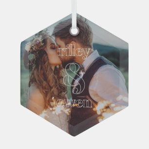 Modern Monogram Wedding Engagement Couple Photo Glass Ornament