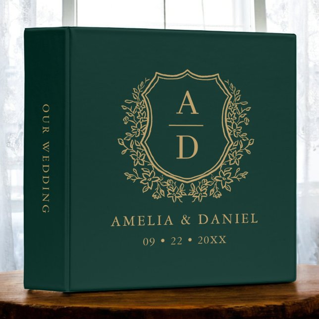 Modern Monogram Wedding Green Gold Crest Binder (Creator Uploaded)
