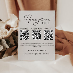 Modern Monogram wedding honeymoon fund QR code Pedestal Sign