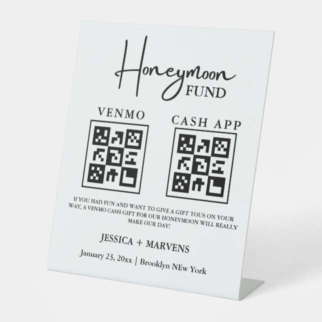 Modern Monogram  wedding honeymoon fund QR code  Pedestal Sign (Front)