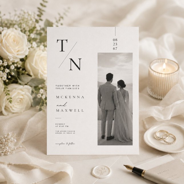 Modern Monogram Wedding Invitation photo card. (Creator Uploaded)