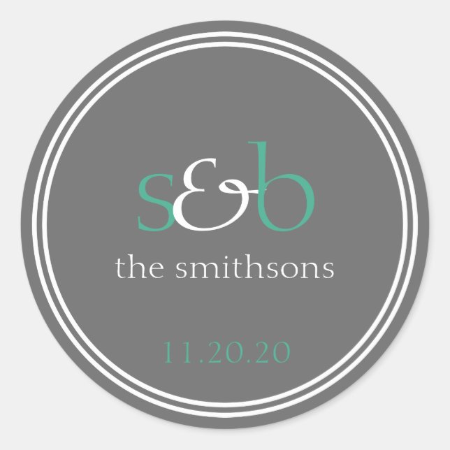 Modern Monogram Wedding Labels (Dark Green / Grey) (Front)
