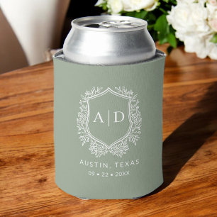 Modern Monogram Wedding Sage Green Crest Can Cooler