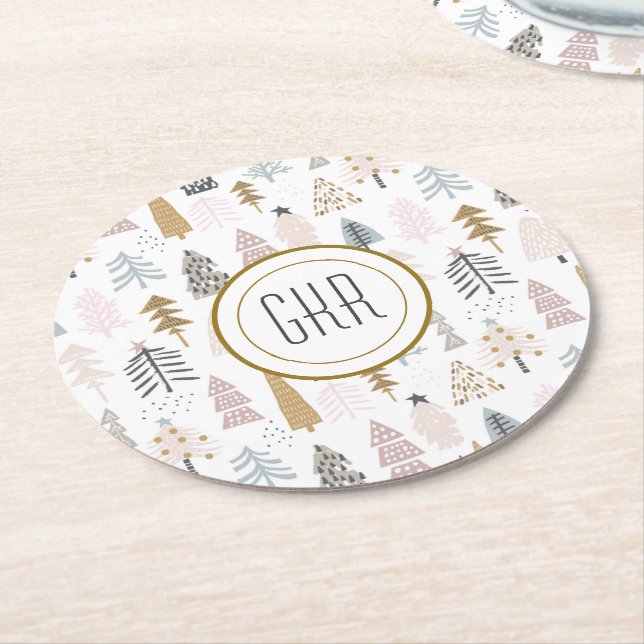 Modern Monogram, Whimsical Winter Trees Round Paper Coaster (Angled)