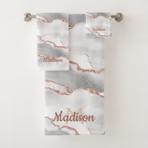 Modern Monogram  White Agate Rose Gold Glitter  Bath Towel Set