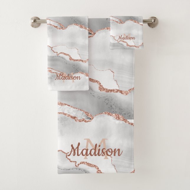 Modern Monogram  White Agate Rose Gold Glitter  Bath Towel Set (Insitu)