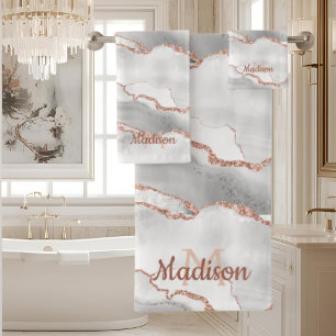 Modern Monogram White Agate Rose Gold Glitter Bath Towel Set
