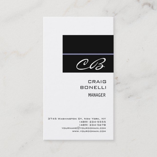 Modern Monogram White Black Plain Business Card (Front)