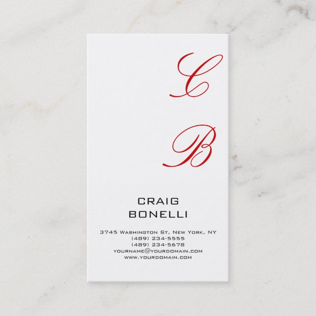 Modern Monogram White Black Red Business Card (Front)