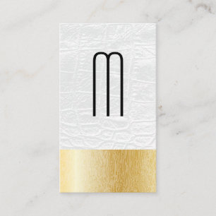 Modern Monogram   White Leather   Wood Grain Lines Business Card