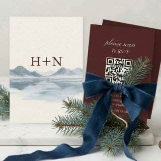 Modern Monogram Winter Mountain RSVP with QR Code  Card