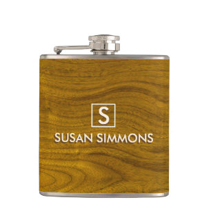 Modern Monogram with Name on Wood Hip Flask