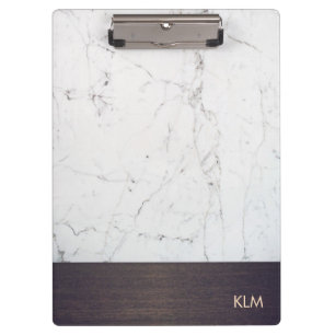 Modern Monogram Wood White Marble Clipboard