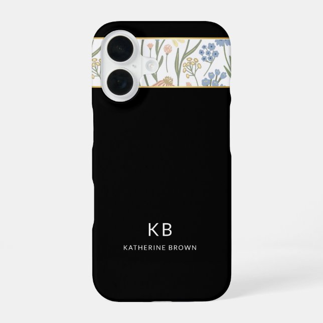 Modern Monogramm Cute Black Floral Pattern  iPhone 16 Case (Back)