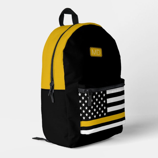 Modern Monogrammed 911 Dispatcher Thin Gold Line Printed Backpack (Back Corner Left)