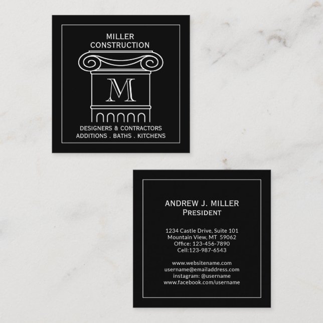 Modern Monogrammed Architectural Column Cap Square Business Card (Front/Back)