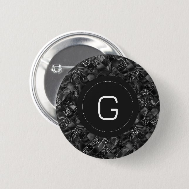 Modern Monogrammed Black Faux Glitter Pattern 2 Inch Round Button (Front & Back)