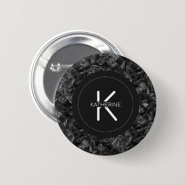 Modern Monogrammed Black Faux Glitter Pattern 2 Inch Round Button (Front & Back)