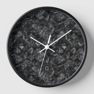 Modern Monogrammed Black Faux Glitter Pattern Clock
