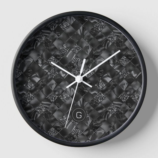 Modern Monogrammed Black Faux Glitter Pattern Clock (Front)