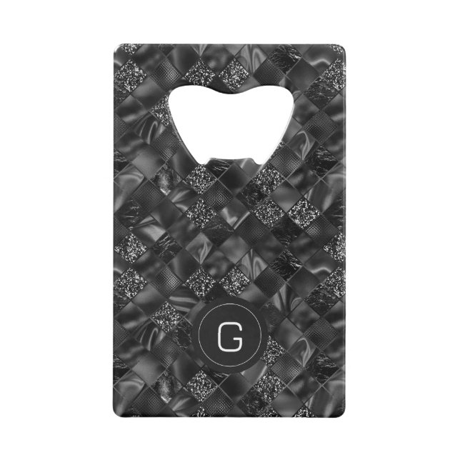 Modern Monogrammed Black Faux Glitter Pattern Credit Card Bottle Opener (Front)