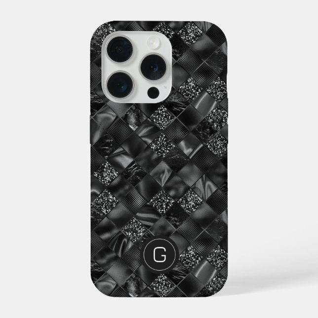 Modern Monogrammed Black Faux Glitter Pattern iPhone Case (Back)