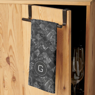 Modern Monogrammed Black Faux Glitter Pattern Kitchen Towel