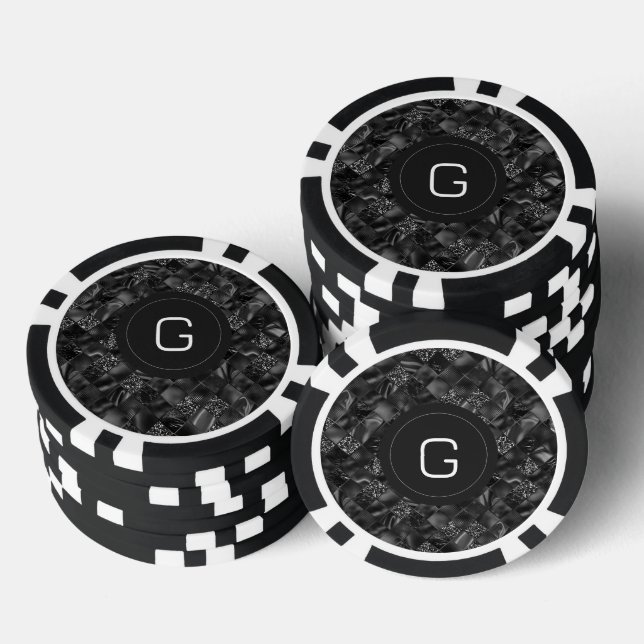 Modern Monogrammed Black Faux Glitter Pattern Poker Chips (Stack)