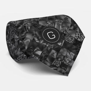 Modern Monogrammed Black Faux Glitter Pattern Tie