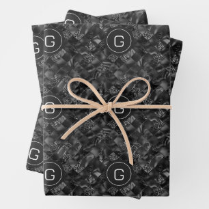 Modern Monogrammed Black Faux Glitter Pattern Wrapping Paper Sheet