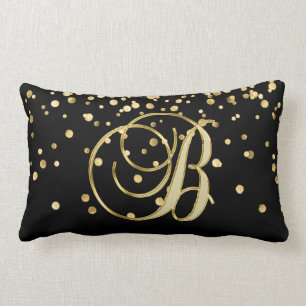 Modern Monogrammed Black Gold Letter 'B' Confetti Lumbar Pillow