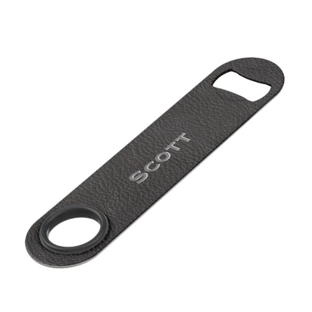Modern Monogrammed Black Leather Texture Look Bar Key (Front Angled)