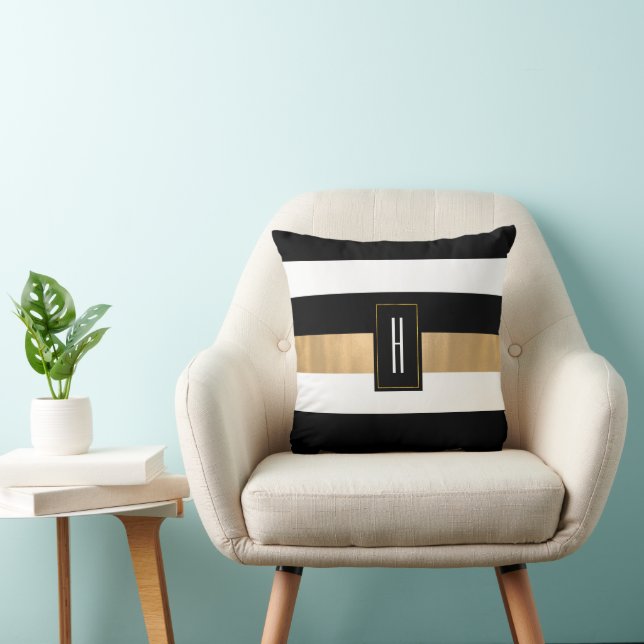 Modern Monogrammed Black Striped  Throw Pillow (Chair)