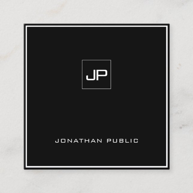 Modern Monogrammed Black White Elegant Plain Square Business Card (Front)