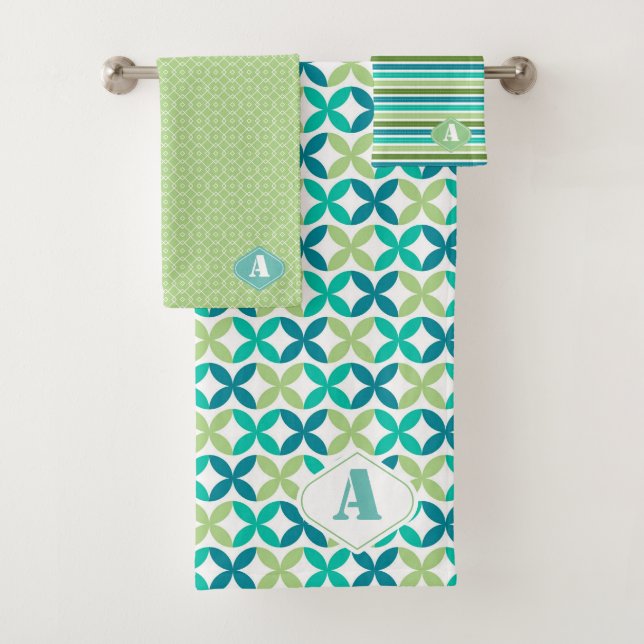 Modern Monogrammed Blue Green Geometric Shapes Bath Towel Set (Insitu)