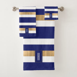 Modern Monogrammed Blue Striped Bath Towel Set