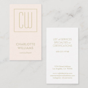 Modern Monogrammed Blush Pink and Gold Vertical Business Card
