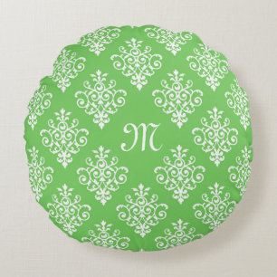 Modern Monogrammed Bright Green Damask Pattern Round Pillow