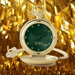 Modern Monogrammed Classic Roman Forest Green Gold Pocket Watch<br><div class="desc">Create your own custom, personalized, stylish classy modern, beautiful elegant faux gold script typography monogrammed, classic, roman numerals, chic, premium alloy, dark forest green and gold pocket watch. Simply type in your name / monogram / initial, to customize. Makes a great gift, for birthday, graduation, fathers day, christmas, holidays, wedding,...</div>