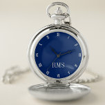 Modern Monogrammed Classic Roman Navy Blue Silver Pocket Watch<br><div class="desc">Create your own custom, personalized, stylish classy modern, beautiful elegant faux silver script typography monogrammed, classic, roman numerals, chic, premium alloy, dark navy blue and silver pocket watch. Simply type in your name / monogram / initial, to customize. Makes a great gift, for birthday, graduation, fathers day, christmas, holidays, wedding,...</div>