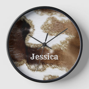Modern Monogrammed Cowhide Pattern with Fake Glitt Clock