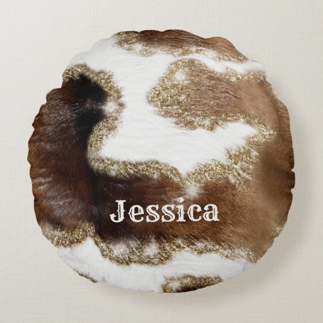 Modern Monogrammed Cowhide Pattern with Fake Glitt Round Pillow (Front)