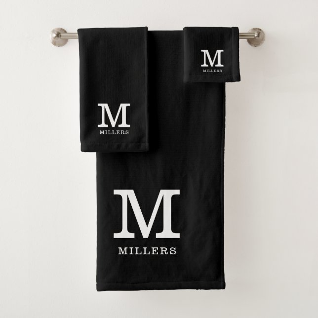 Modern Monogrammed  Family Name Black And White Bath Towel Set (Insitu)