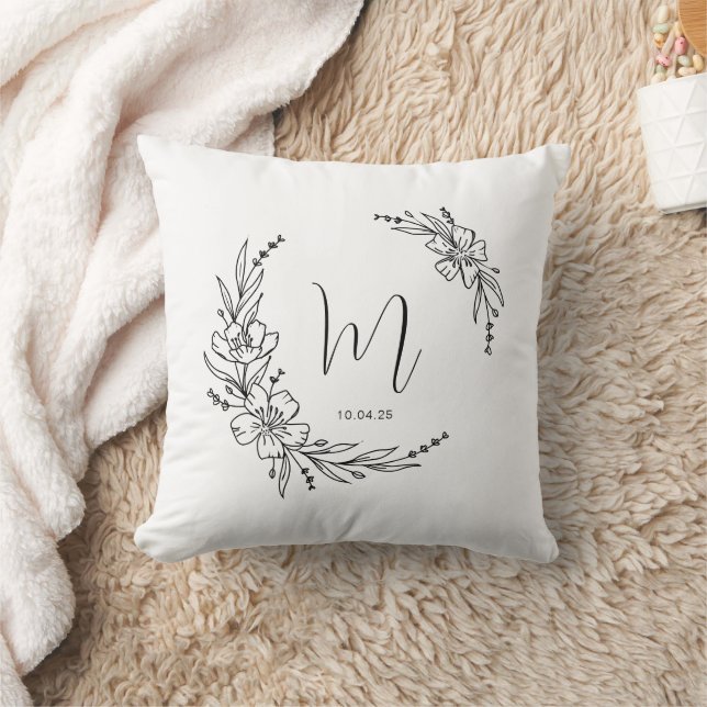 Modern Monogrammed Floral Wreath Calligraphy Throw Pillow (Blanket)