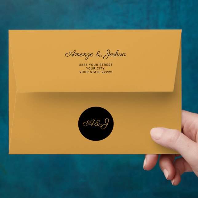 Modern monogrammed gold wedding return address envelope (Hand)