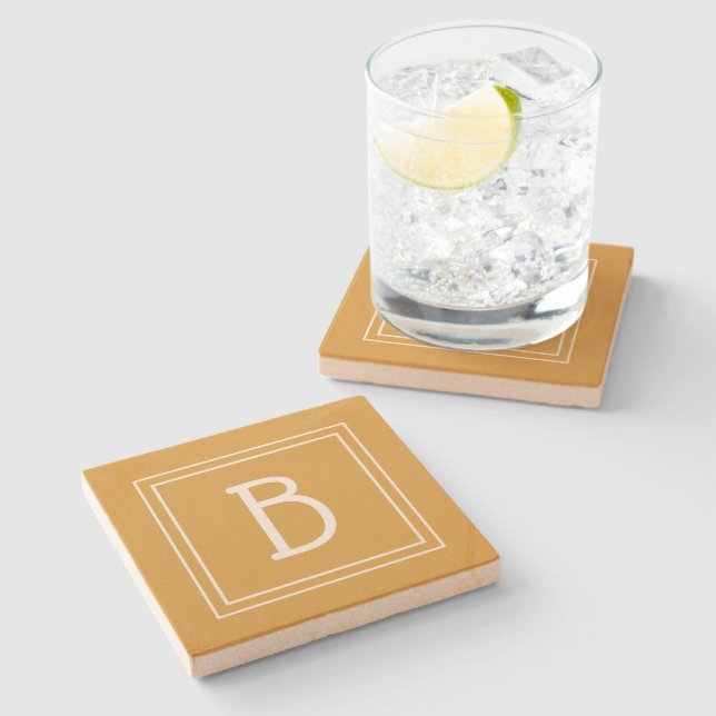 Modern Monogrammed Golden Yellow & White Initial Stone Coaster (Side)