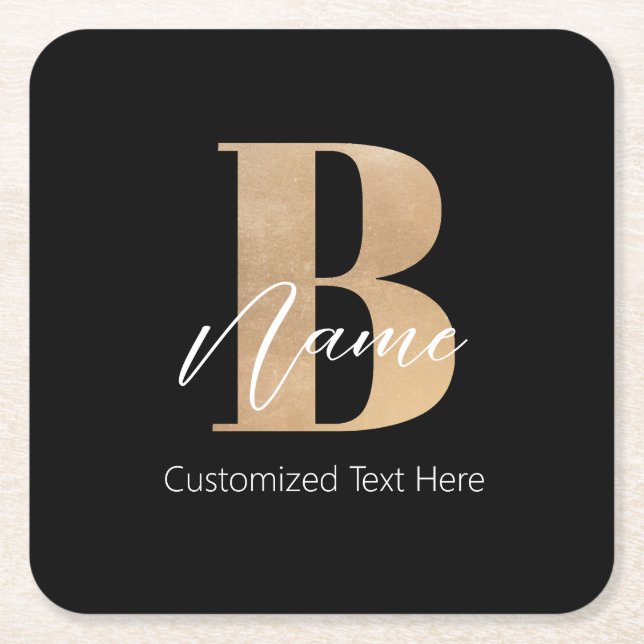Modern Monogrammed Initial B & Name Personalized Square Paper Coaster (Front)