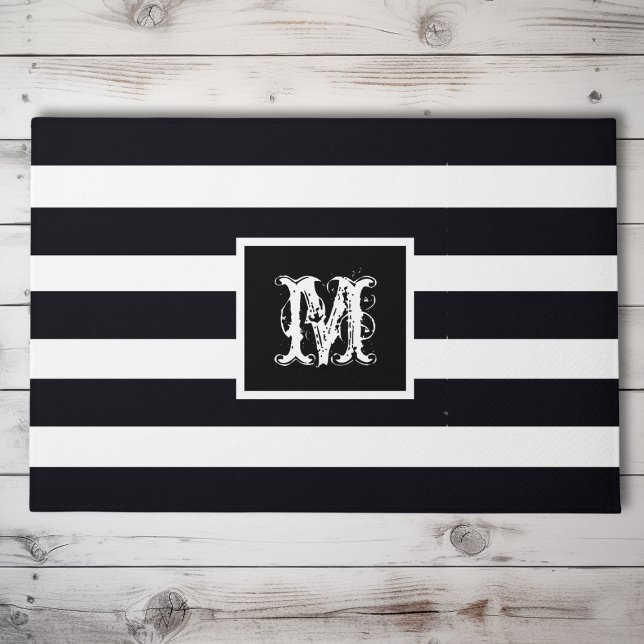 Modern Monogrammed Initial Elegant Black White  Doormat (A classic, modern front doormat. Monogrammed initial on an elegant black & white striped background.)